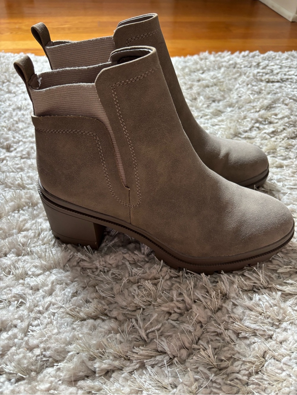 Jellypop Taupe Suede Block Heel Chelsea Booties